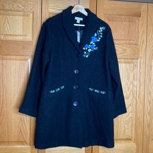 Appleseeds black floral embroidered 100% wool coat lined size 14 P
